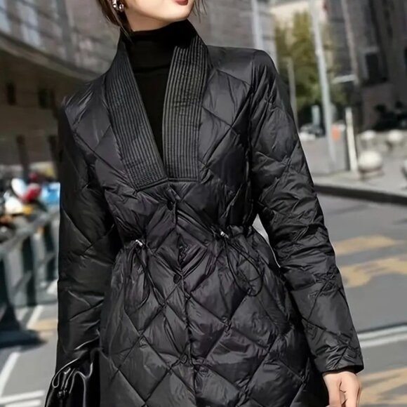 Jackets & Blazers - Women's Lightweight Winter Jacket - Casual to Semi-Formal Black Coat with Drawst
